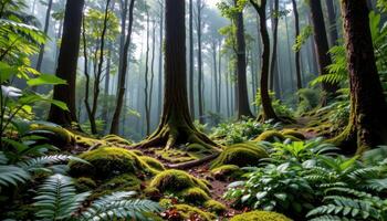 a lush rainforest floor beneath towering trees, thick with moss and ferns. photo