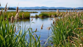 a lakeside marsh with cattails swaying in the wind and distant hills beyond. photo