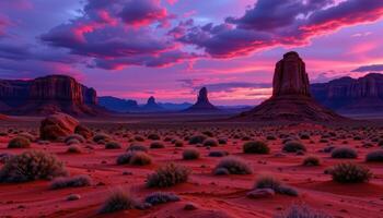 a red clay desert under purple twilight skies, with strange rock shapes dotting the land. photo