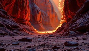 a glowing canyon floor lit by reflected golden light from towering walls. photo
