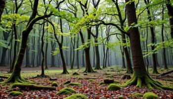 a quiet woodland where every tree is draped in pale green moss. photo