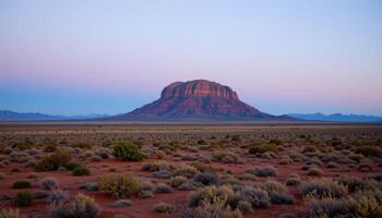 a distant mesa rising from an otherwise flat desert, its flat top catching the last light of day. photo
