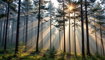 a dense pine forest with shafts of sunlight breaking through morning fog. photo