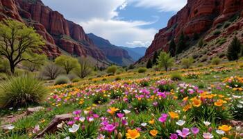 a canyon floor carpeted with wildflowers after an early spring rain. photo
