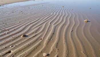 a beach at low tide where intricate tide lines stretch across the wet sand. photo
