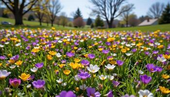 a spring meadow where purple, yellow, and white flowers mix beneath open skies. photo