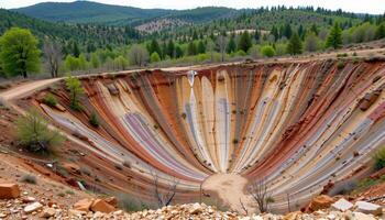 a broken hillside where landslides have left exposed layers of colorful rock. photo