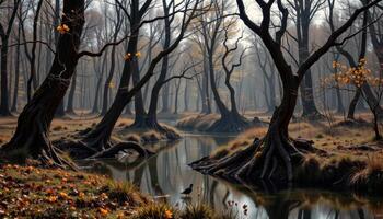 a quiet bog where twisted trees rise from shallow, dark waters. photo
