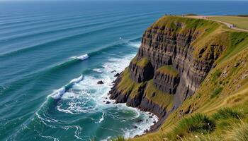 a steep, grassy cliff plunging into the rolling surf far below. photo