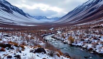 a silent valley where thin streams meander through frost covered tundra. photo