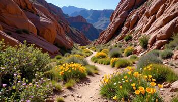 a meandering canyon trail bordered by colorful rock walls and desert flowers. photo