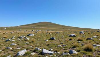 a high altitude plateau with short grass and scattered stones under a cobalt sky. photo