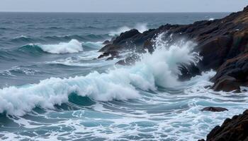 a stormy coastline where crashing waves explode against jagged black rocks. photo