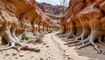 a desert canyon filled with petrified wood and fossilized roots. photo