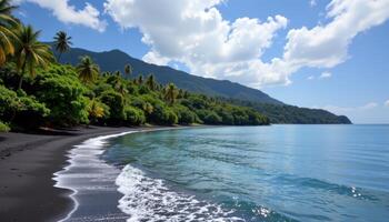 a secluded bay with black volcanic sands and lush jungle behind. photo