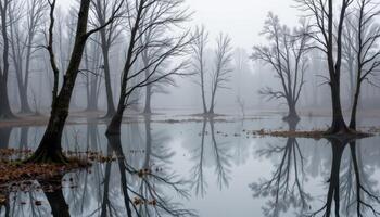 a foggy wetland where low trees emerge from shallow, still water. photo