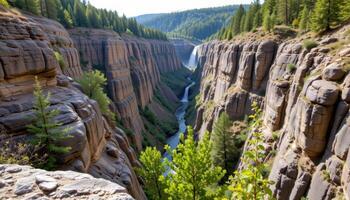 a limestone canyon echoing with distant falling water, hidden among trees. photo