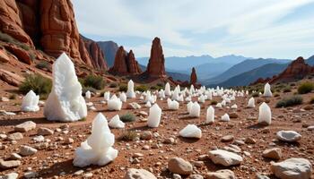 a rocky plain where crystal formations jut from the ground in surreal shapes. photo
