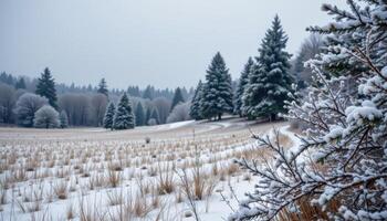 a snowy meadow bordered by pine trees with frost glittering on every branch. photo