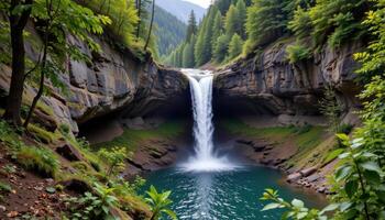 a waterfall plunging through a forested ravine into a hidden pool. photo