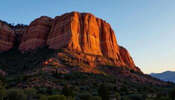 a sandstone bluff glowing orange in the light of the fading sun. photo