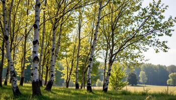 a grove of silver birch trees shimmering in the breeze beneath a pale sky. photo