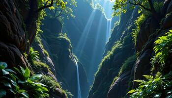 a deep chasm hidden within a rainforest, echoing with the sound of distant waterfalls. photo