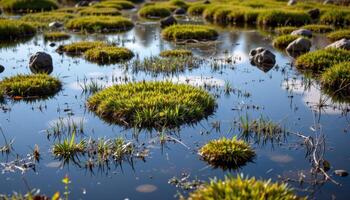 a highland bog where patches of grass float between pools of dark water. photo