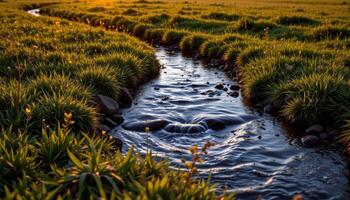 a shallow stream crossing a meadow lit by the last light of sunset. photo