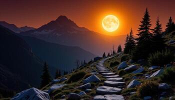a moonlit mountain trail where stone steps vanish into darkness. photo