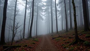a trail disappearing into thick fog beneath towering forest trees. photo