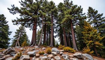 a grove of ancient pine trees standing tall on a rocky slope. photo