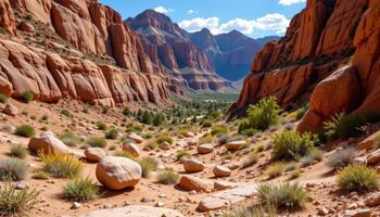 a jagged canyon floor littered with ancient boulders and scattered desert plants. photo