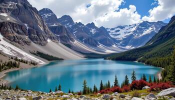 a glacial lake surrounded by rugged cliffs and patches of late summer snow. photo