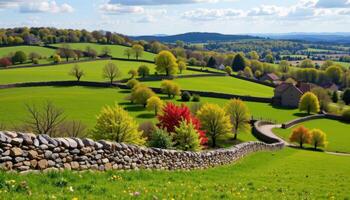 a rolling countryside dotted with old stone walls and vibrant spring foliage. photo