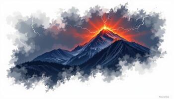a mountain ridge illuminated by lightning under a storm dark sky. photo