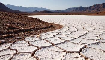 a salt encrusted desert basin with cracked ground and distant heat mirages. photo