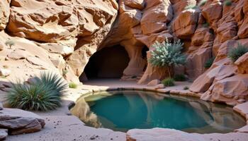 a spring fed pool hidden within a rocky desert oasis. photo