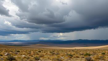 a sprawling steppe under grey storm clouds rolling over distant hills. photo