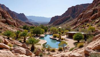 a canyon oasis where palms and pools interrupt a barren desert landscape. photo