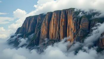 a rugged cliff wall breaking through the clouds like the edge of a lost world. photo