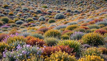 a rolling hillside covered in a vibrant mix of grasses and blooming shrubs. photo