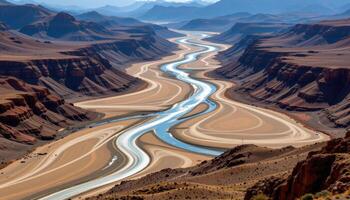 a wide valley where rivers braid through sediment in glittering patterns. photo