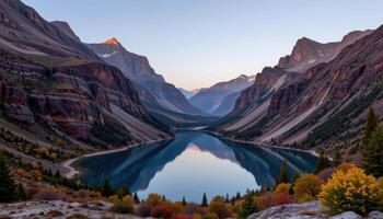 a lake surrounded by steep canyon walls reflecting a pale dawn sky. photo