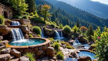 a series of cascading hot springs nestled in a lush, forested mountain slope. photo