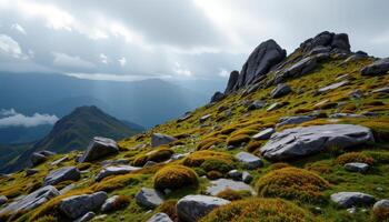 a storm lashed hilltop covered in moss and scattered granite outcrops. photo