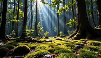 a peaceful forest glade where sunlight filters through the canopy, illuminating a carpet of moss. photo