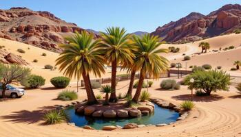 a tranquil desert oasis with palm trees clustered around a small, shimmering pool of water. photo