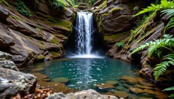 a hidden waterfall cascading into a crystal clear pool, surrounded by moss covered rocks and ferns. photo