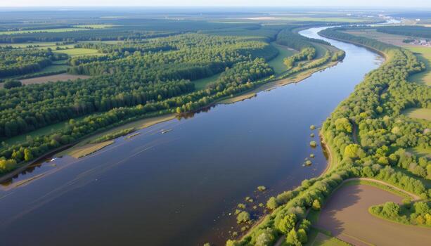 a broad river winding lazily through a vast floodplain, with lush greenery stretching as far as the eye can see. photo